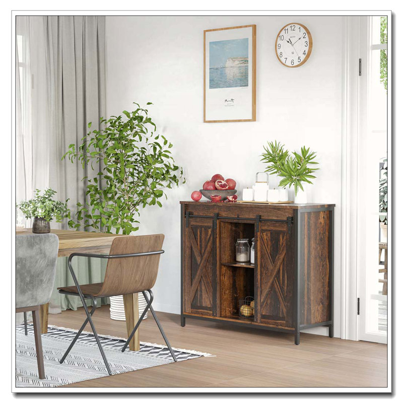 Armoire de cuisine avec portes de grange coulissantes, armoires de rangement et tablettes réglables