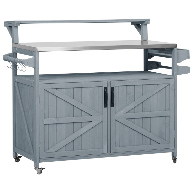 Outdoor Kitchen Island Bar Table With Raised Shelf And Storage Rack, Blue/Gray