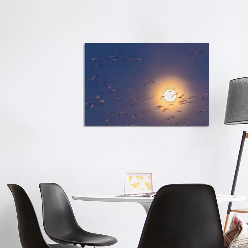 USA, New Mexico, Bosque del Apache National Wildlife Refuge. Snow geese blur and full moon. 1 Piece Wrapped Canvas Wall Art
