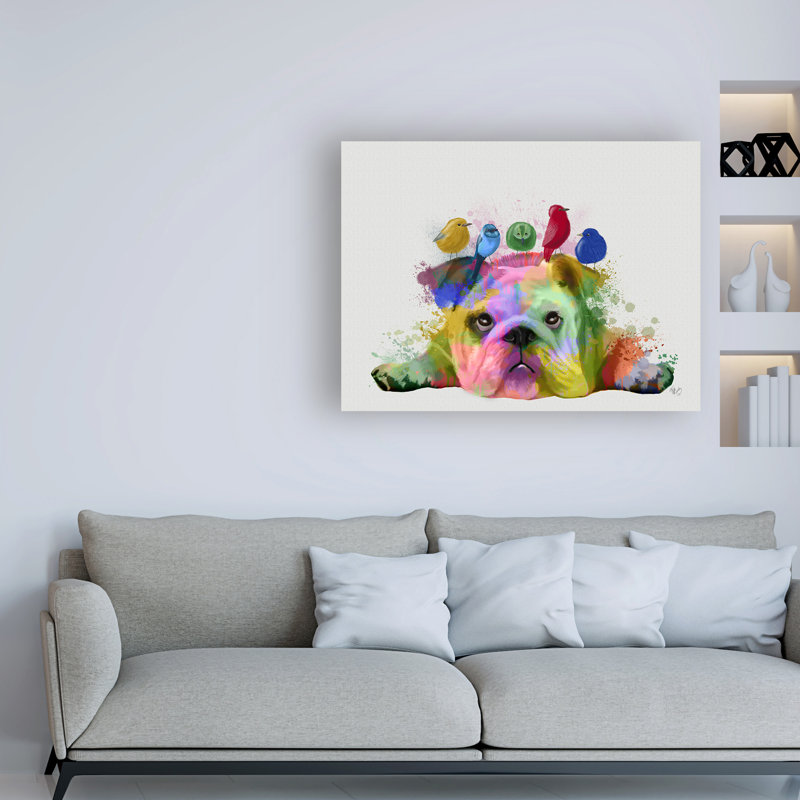 Bulldog anglais et oiseaux, Rainbow Splash par Fab funky-reproduction sur toile tendue, H 14 po x l 19 po x p 2 po