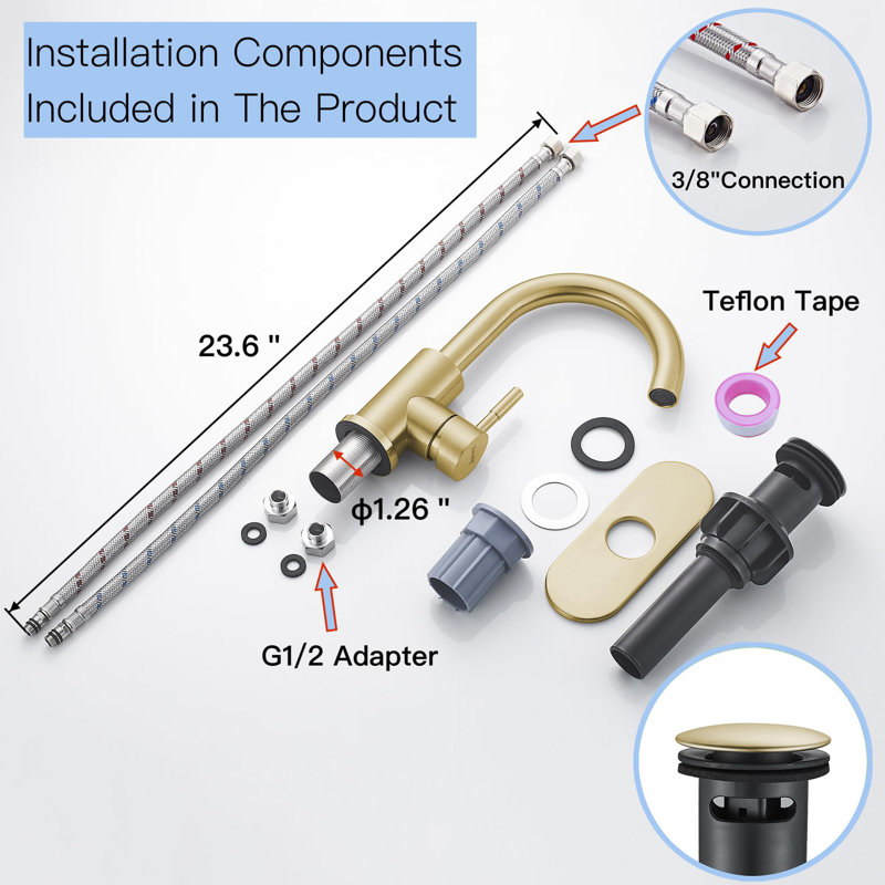 Single-handle Bathroom Faucet with Drain Assembly, Brushed Gold