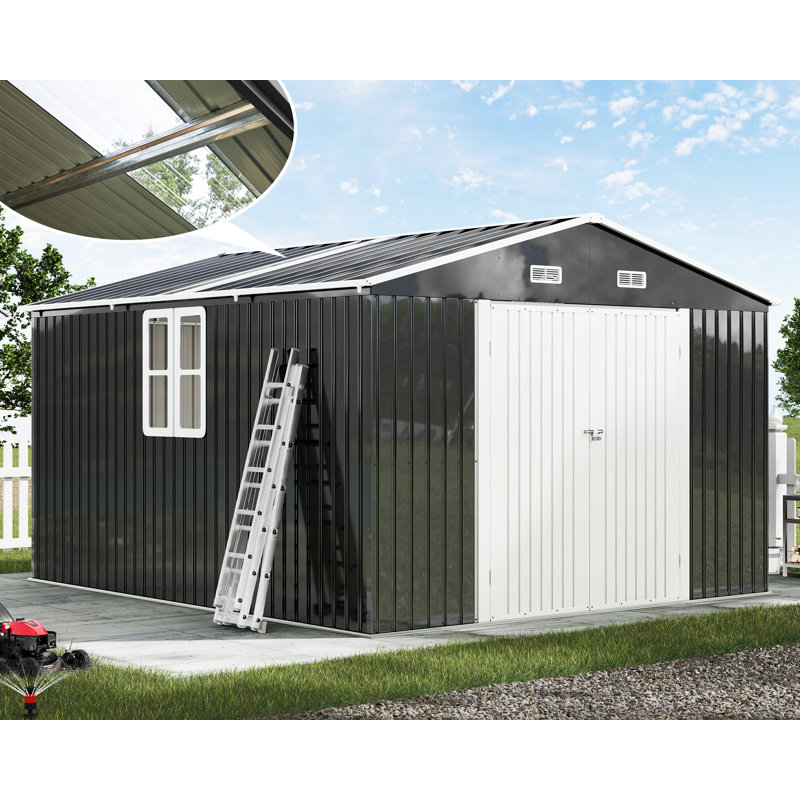 Remise de rangement en métal 10 pi x 12 pi x 7,2 pi avec panneaux transparents, portes à double charnière, fenêtres et évents - Structure en acier renforcé, gris foncé