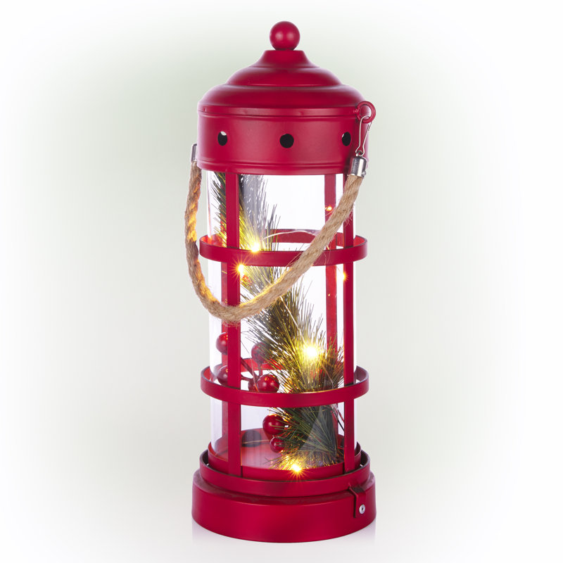 Metal and Glass Lantern with 8 Warm White LED Lights, Red