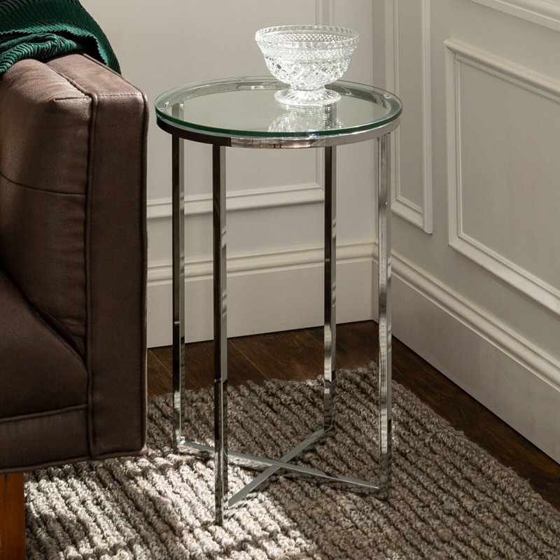 Leverette Glass Top Cross Legs End Table, Glass/Chrome