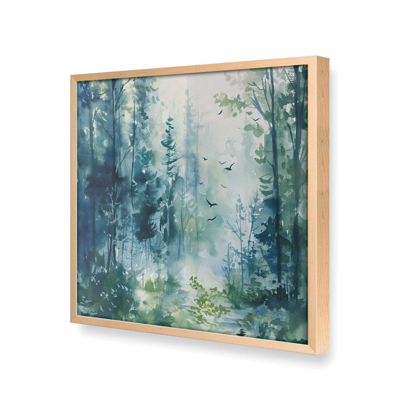 Blue and Green Enchanted Forest I, Raw Maple Framed, 21.5" H x 21.5" W