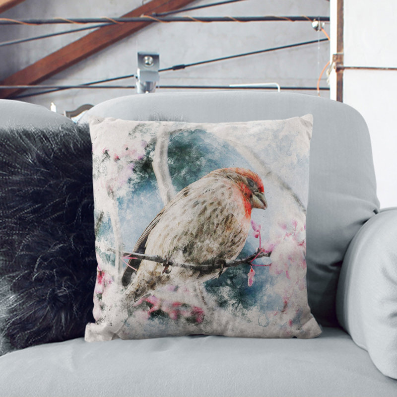 A House Finch Bird Watercolour Scatter Cushion, 40cm H x 40cm W x 15cm D, Black
