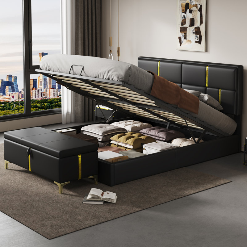 Ensemble de chambre à coucher 2 pièces Roomfitter, grand lit plateforme tapissier avec base relevable hydraulique et banc de repose-pieds assorti, noir