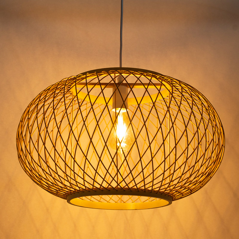Helsel 1 - Light Natural Bamboo Single Pendant, 12.2" H x 16.14" W x 16.14" D