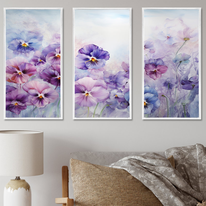 Ensemble de salon mauve avec fleurs mauves, Cadre flottant blanc, H 32 po x l 48 po x P 1 po