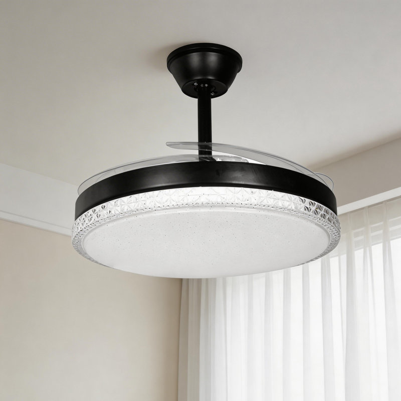 Ventilateur de plafond 42 pouces rétractable noir avec lumières et télécommande - Moteur silencieux réversible à 6 vitesses, Fandelier à lame invisible à intensité variable pour utilisation à l'intérieur, salon