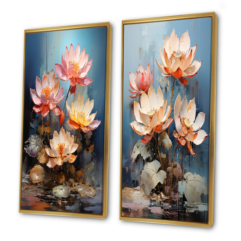 Fleurs de lotus fusionnent avec graffiti - lot de 2 décorations murales lotus, Encadrement doré, H 40 po x l 41 po