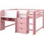 Lit mezzanine bas rose pleine grandeur avec bureau intégré, bibliothèque ouverte, armoires de rangement, caractéristiques et solution d'économie d'espace pour la chambre à coucher en rose, construit sous le rangement, tableau blanc, marqueur sécuritaire-300147310