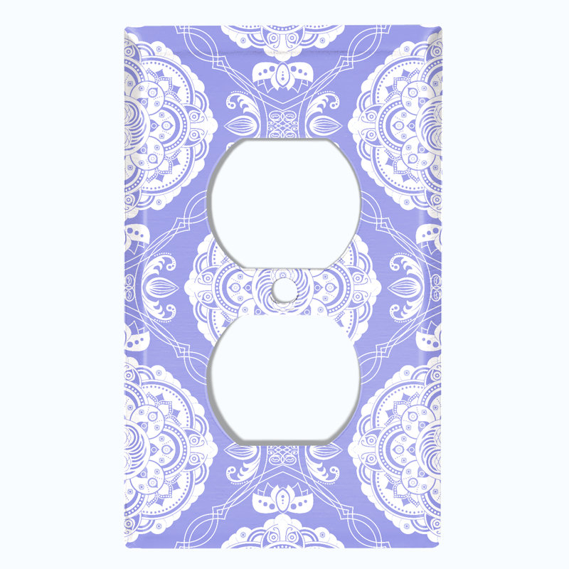 Metal Light Switch Plate Outlet Cover (Black White Elegant Circular Mandala Flowers Tile   - Single Duplex), Lavender