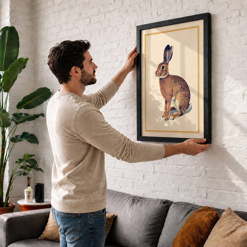 Brown Hare In Profile Botanical - Print, A2 - 59.4 x 42.0 cm, White