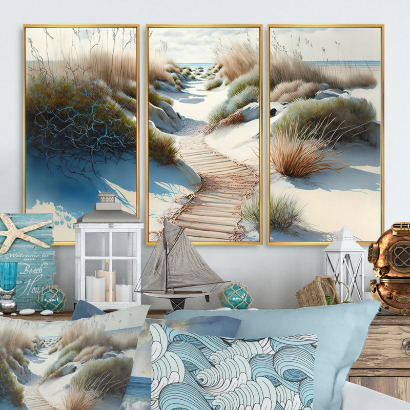 Dimo Walkway To The Beach II - 3 pièces sur toile, H 28 po x l 36 po x P 1 po, Encadrement doré