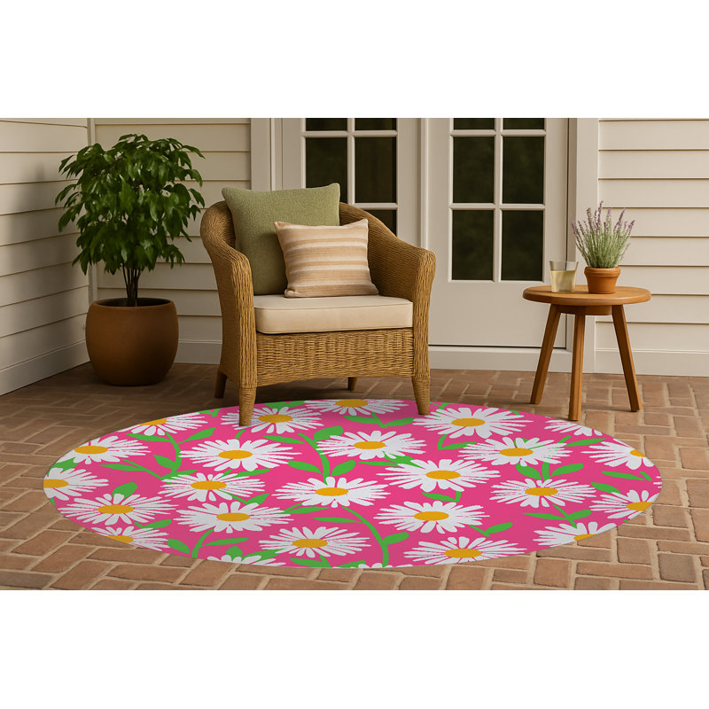 Tapis décoratif Sweet Daisy, Rond 5 pi, Rose vif