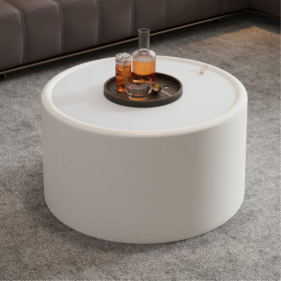 Table basse ronde blanche avec plateau en verre trempé, corps en cuir PU et rangement caché pour le salon, table d'appoint moderne