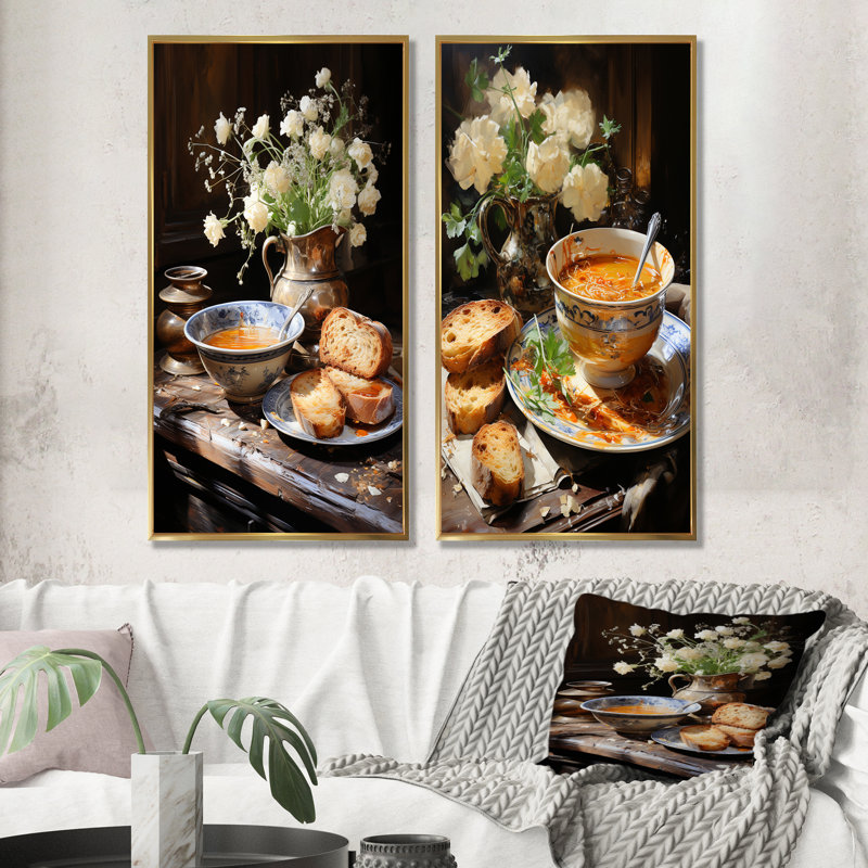 French Soup Savory Elegance - Ensemble de 2 impressions sur toile, H 32 po x l 33 po, Encadrement doré