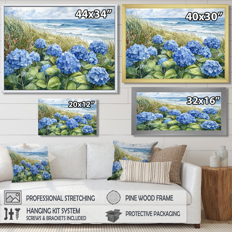 Hortensias dans le jardin côtier III - Hydrangées, reproductions encadrées, H 30 po x l 40 po, Argent argent