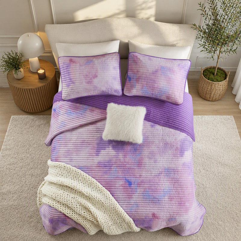 Ensemble de courtepointe tie-dye aquarelle 4 pièces pour lit double et queen, avec taies d'oreiller et oreiller