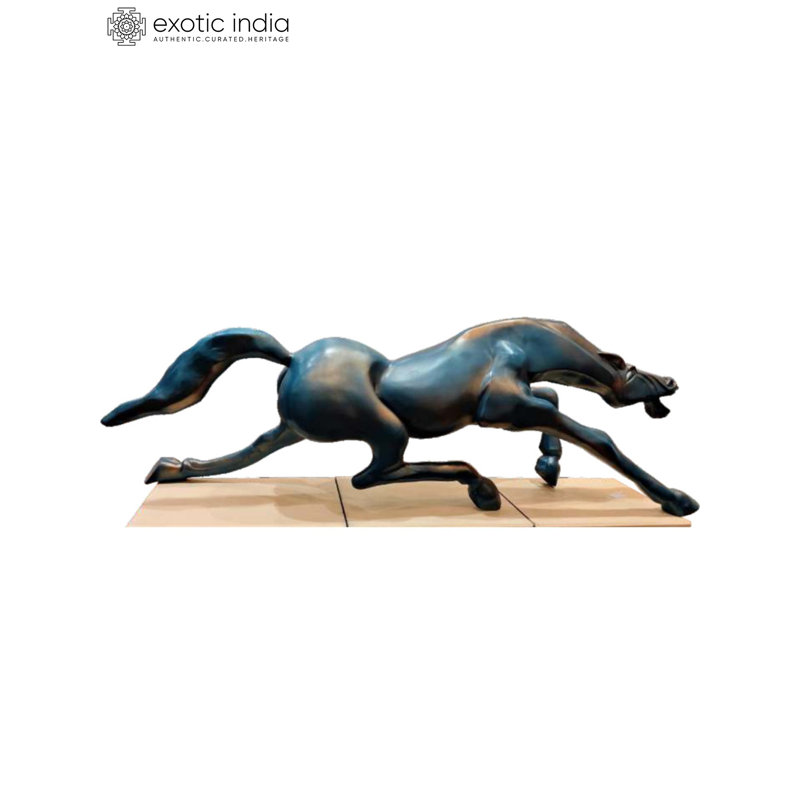 Très grande sculpture cheval vert 84 "- Art décoratif en fibre fabriqué à la main avec pose dynamique - Centre de table contemporain