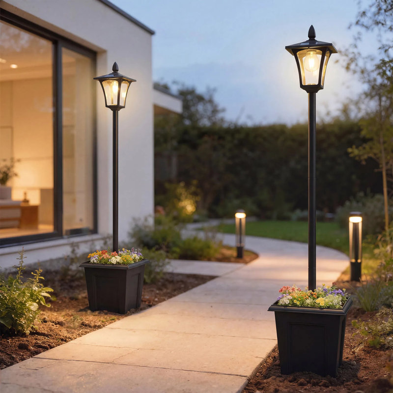 Paquet de 2 lampadaires solaires noirs avec base pour pot à fleurs