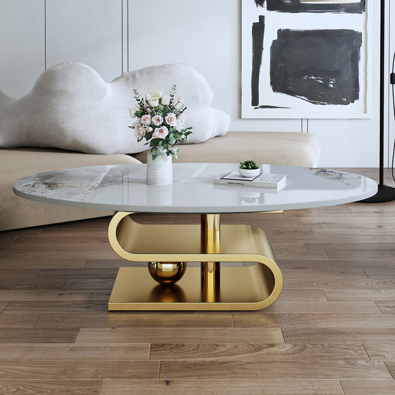 Table basse contemporaine en faux marbre avec base en acier inoxydable