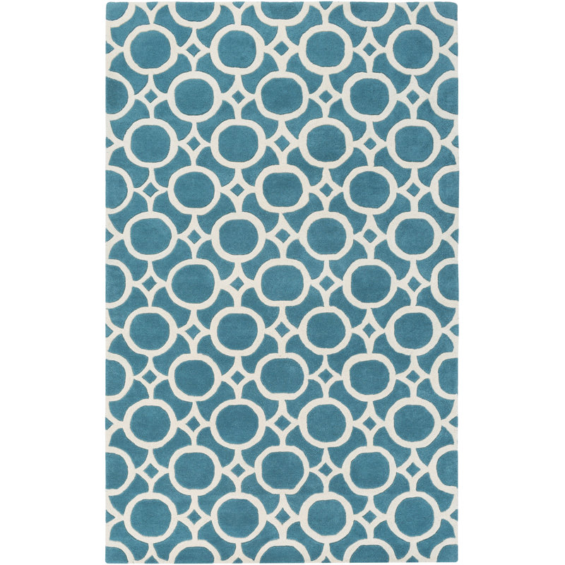 Tapis décoratif turquoise/beige en laine Touffeté à la main à motif géométrique Murata, Rectangle 9 pi x 13 pi