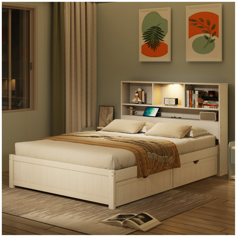 Bed with Charging Station, and 2 Side Drawers, Twin, White