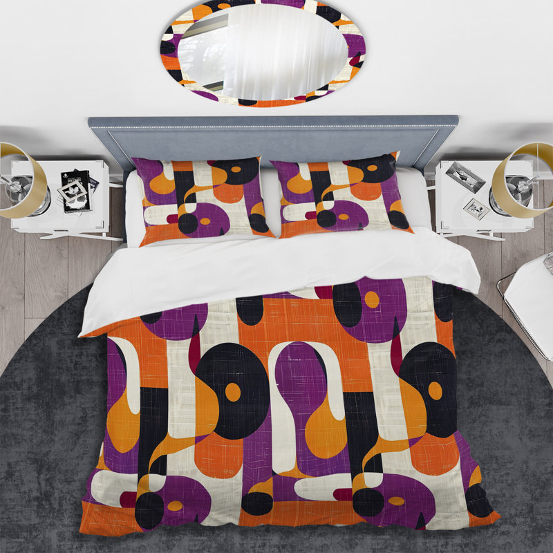 Ensemble de housse de couette orange, mauve et géométrique rétro, Housse de couette très grand et 2 très grandes t