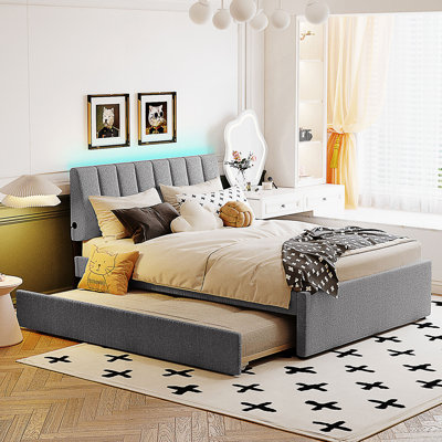 Lit plateforme tapissier avec lit gigogne double Teddy