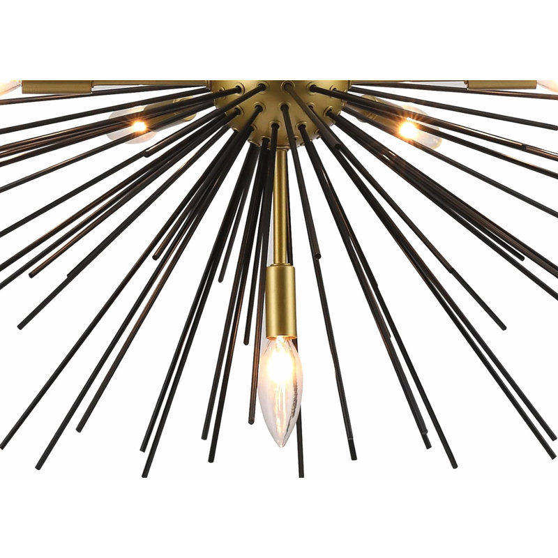 Lustre moderne Sputnik à 7 lumières avec bras métalliques en forme d'étoile et chaîne de suspension réglable, noir et or