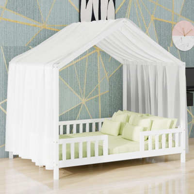 House Shape Toddler Bed with Canopy, High Railings,and Low Montessori Floor Frame