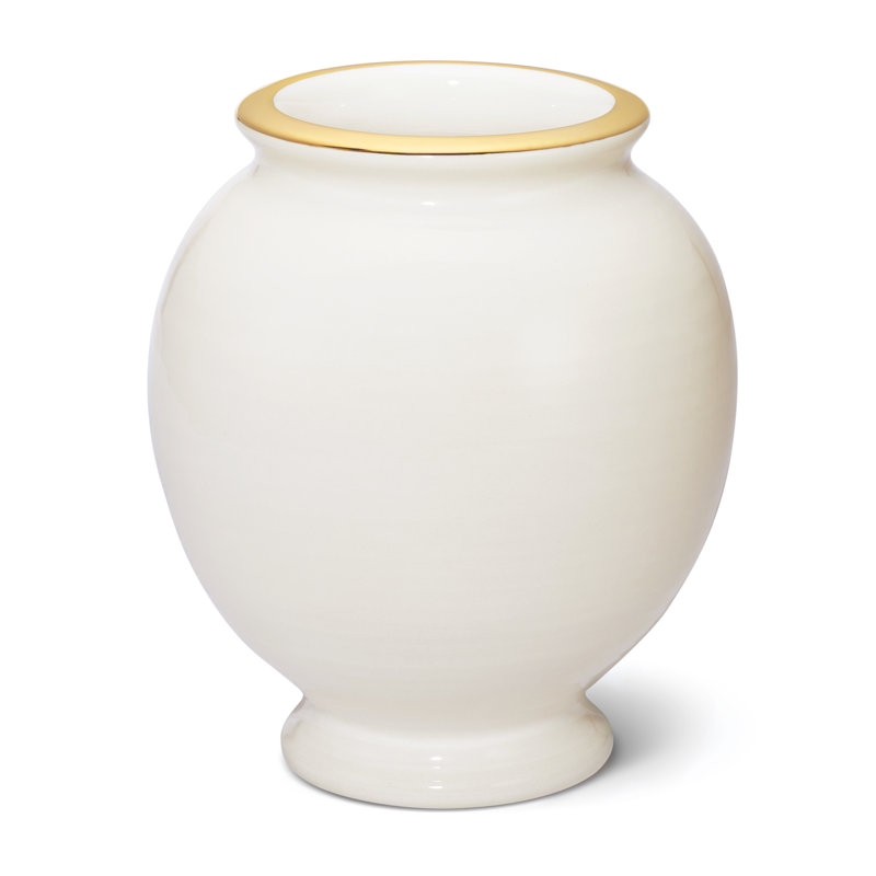 Cream Ceramic Urn-Shaped Table Vase with Gold Rim