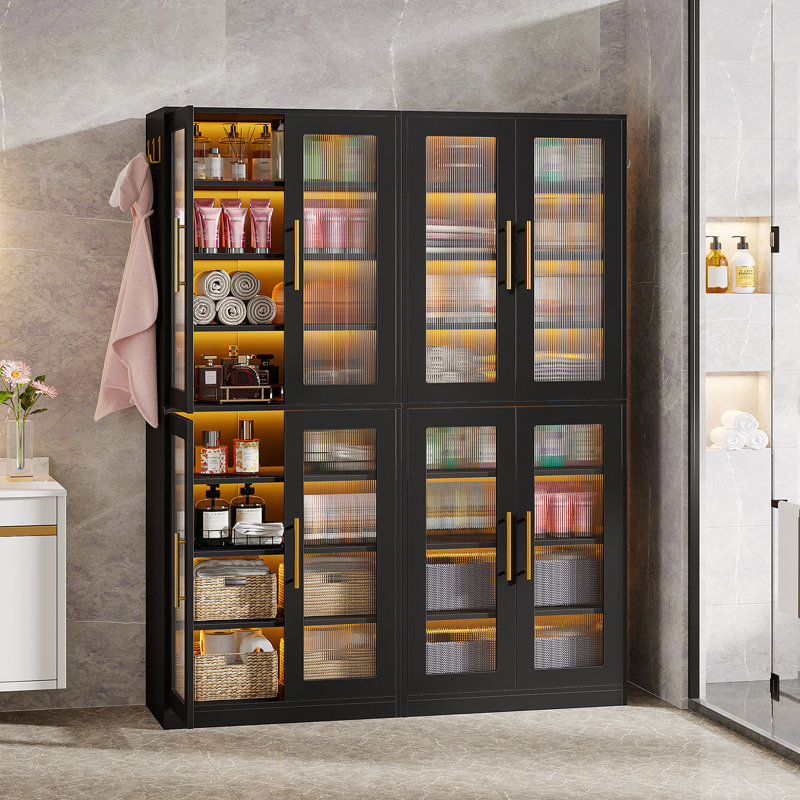 Bibliothèque haute avec portes et lumière DEL, Noir, noir, noir, noir
