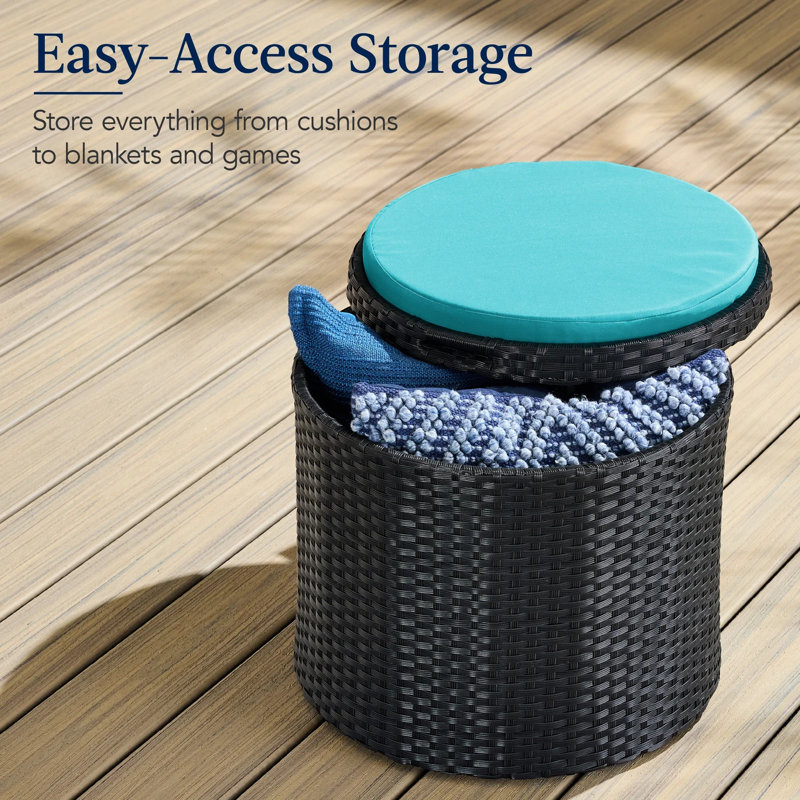 Round Wicker Ottoman, Teal, Black