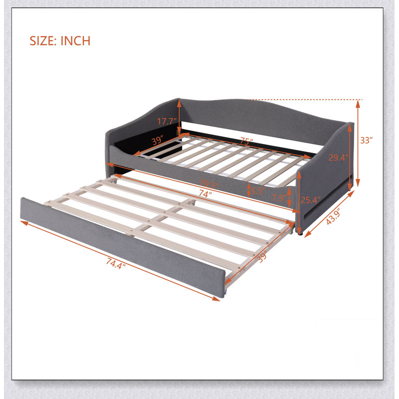 Upholstered Daybed With Light And Trundle, Gray, Twin