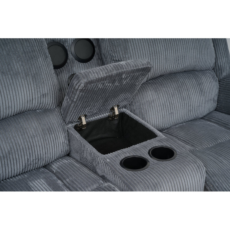 Dark Grey Corduroy Recliner Motion Loveseat With Remote - Controlled Speakers & LED Lights. This Modern Loveseat Featuring 2 Seats, With Storage Console/Cup Holder Living Room/RV/Apartment