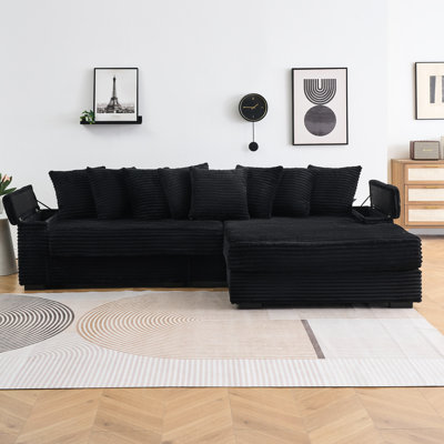 111.4" Black Corduroy Bedroom , Cup Holder & Storage Armrest, Reversible Chaise Lounge, Comfortable Stylish Fabric Armrest With Storage, For Lounge Area, High