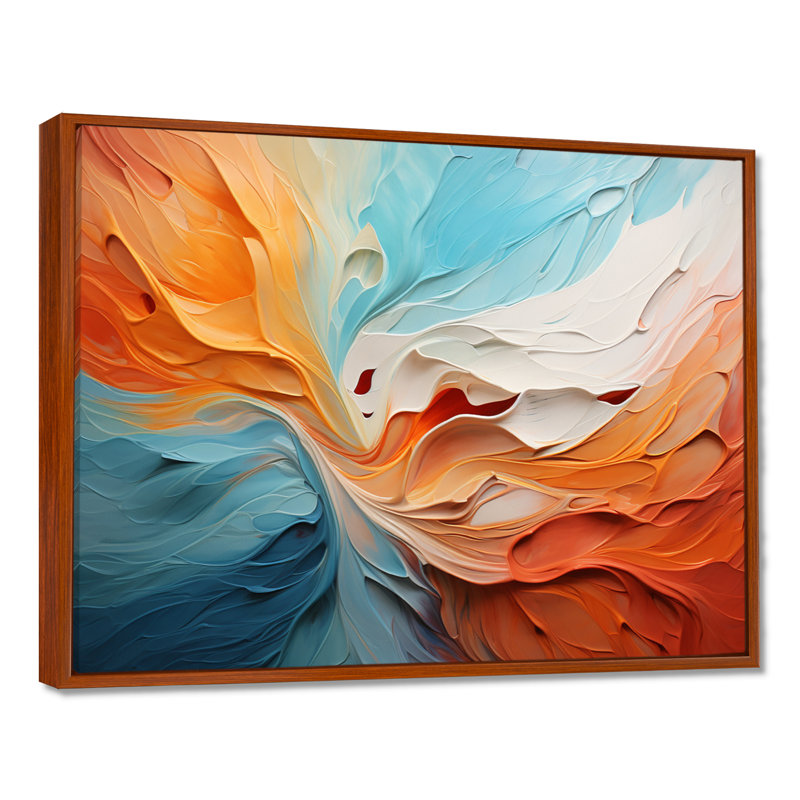 Teal Orange Bold Abstract Flow Collage I - Dams, art mural, H 34 po x l 44 po x P 1,5 po, Cadre flottant brun