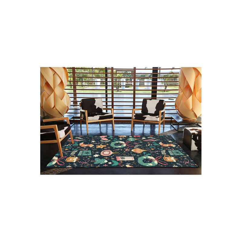 Tapis tissé à motif d'ornement de Noël Botanical Black, Carré 4 pi 11 po