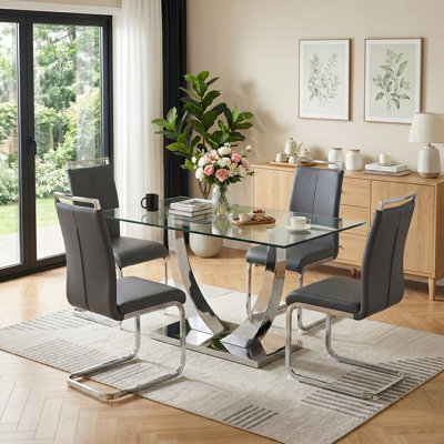 Joniya Modern 63" Rectangular Tempered Glass Dining Set Metal U Base Table with Faux Leather Cantilever Chairs