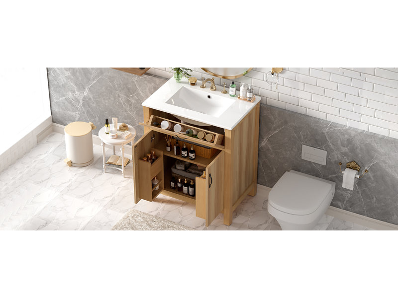 Meuble-lavabo en bois de 30 po avec cadre en bois massif, 2 portes à fermeture douce, 1 tiroir rabattable, tablette réglable, armoire de rangement moderne