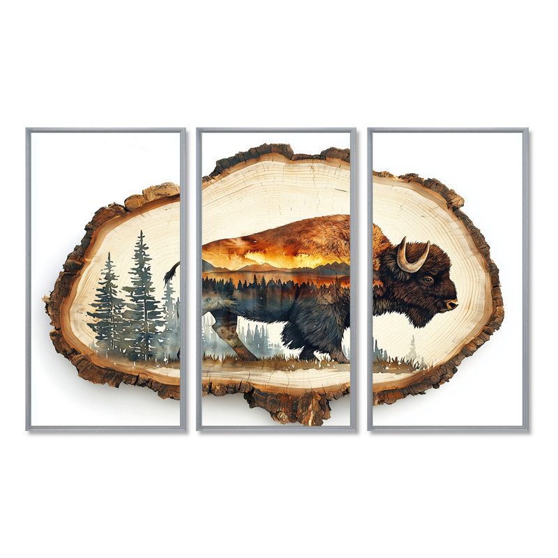 Portrait de bison américain en double exposition Canyon III - art mural bison - ensemble de 3, H 28 po x l 36 po