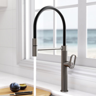MASO Pull-Out Kitchen Faucet with 360° Swivel Modern Black Rubber Neck, Single Handle Single Hole Sink Faucet, 304 Stainless Steel, 2 Spray Modes, Brushed Nickel