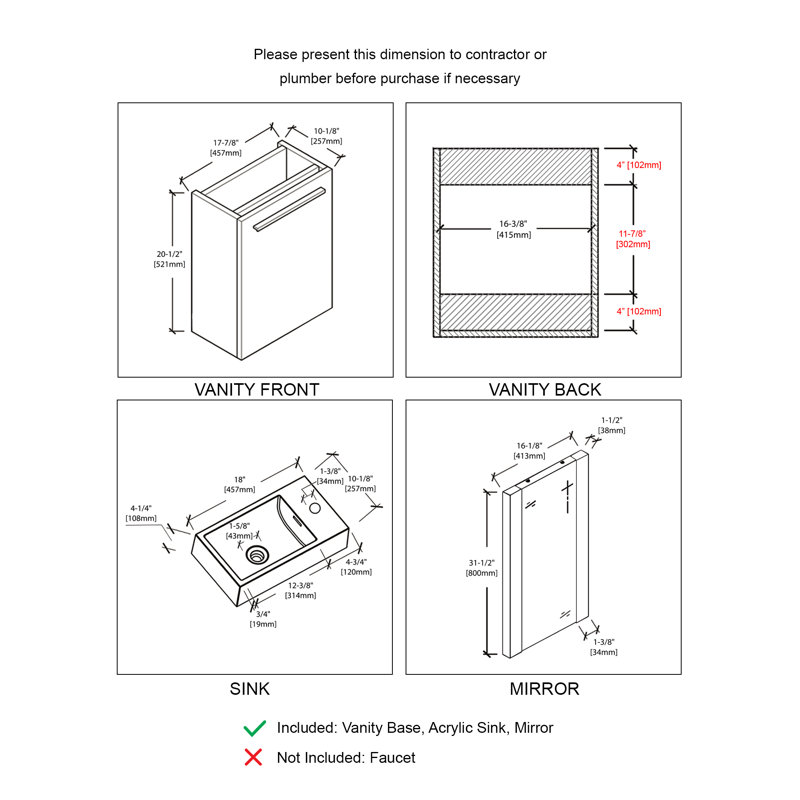 Ensemble de meuble-lavabo mural simple 18 po avec miroir Mandel, Chêne foncé