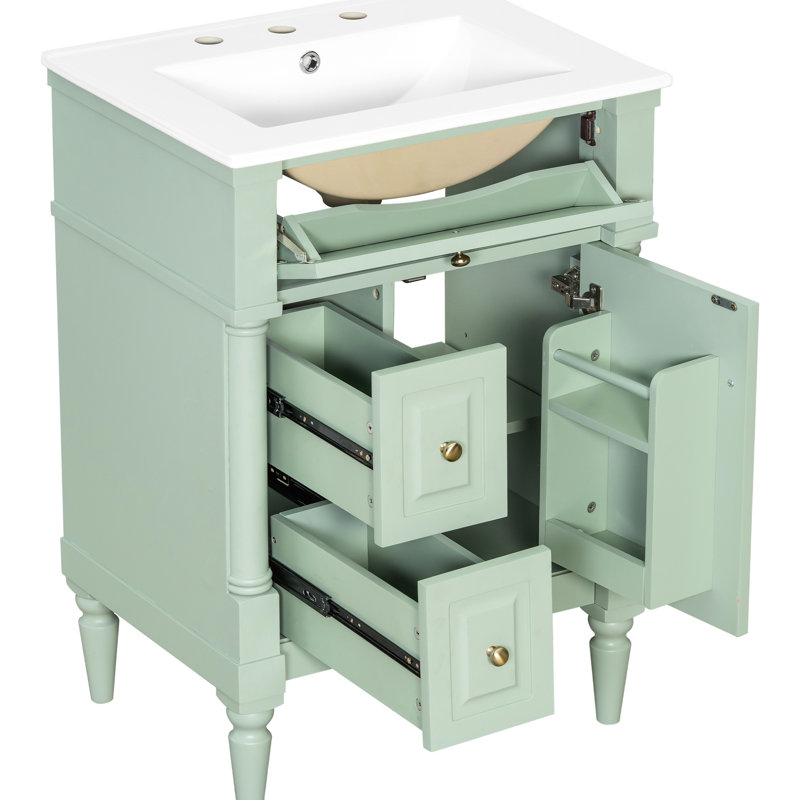 Meuble-lavabo autoportant de 61 cm (24 pouces) avec lavabo en céramique, tiroirs astucieux, lavabo intégré, tiroir rabattable et tablette intérieure réglable.