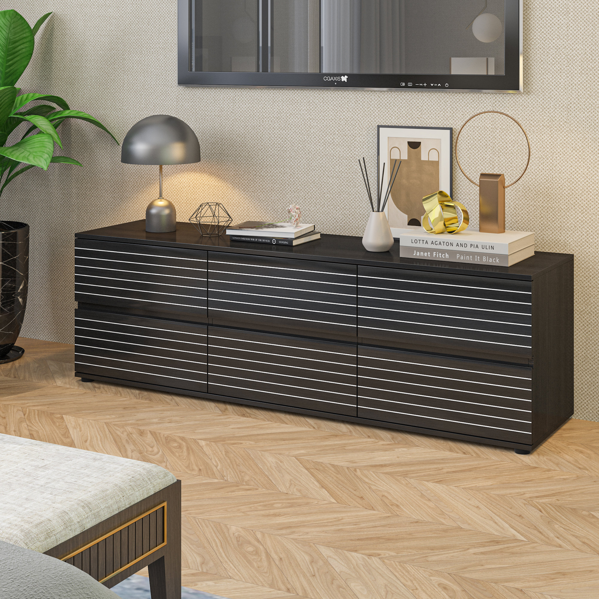 ebern designs 6 drawer dresser Farmhouse 6 Drawer Dresser, 47 Inch Wide Chest of Drawers, Handle-Less Design Natural Oak Wooden Organizer Cabinet for Bedroom