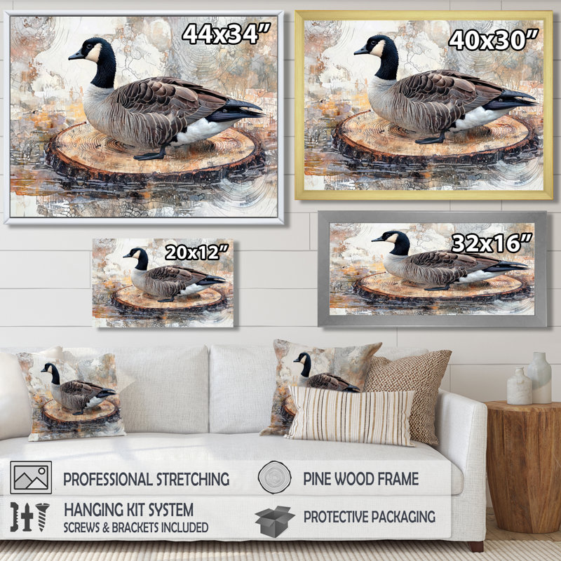 Oie canadienne dans un lac en bois, paysage III - oie, art mural, H 24 po x l 32 po, Cadre flottant, Noir