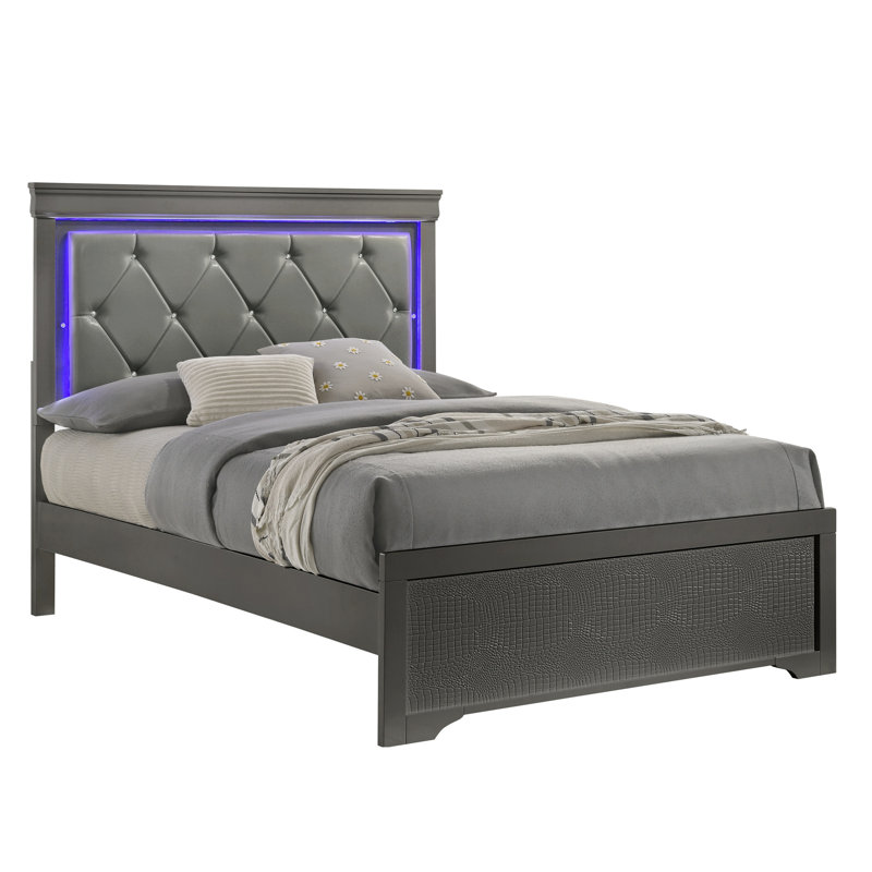 Lit simple, tête de lit tapissier à DEL, gris métallique, style moderne, confortable, taille de chambre à coucher, structure en bois,